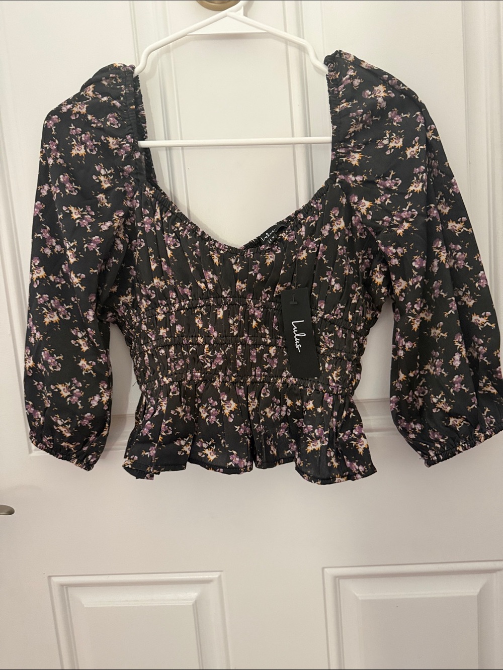 Lulu's Black Floral Smocked Puff Sleeve Blouse - Black with Pink & Cream Flowers